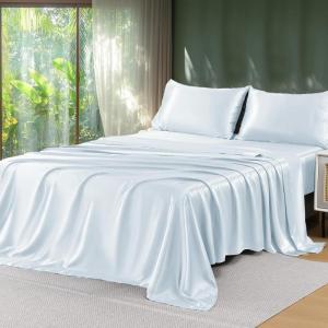 imageSasttie Satin Sheets King  4 Pieces Luxury Soft Gold Silky Bed Sheets Set with Pillowcases  Smooth SilkLike Satin Fabric Reinforced 14 Inches Pocket OekoTex CertifiedLight Blue