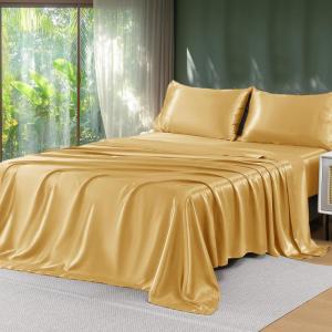 imageSasttie Satin Sheets King  4 Pieces Luxury Soft Gold Silky Bed Sheets Set with Pillowcases  Smooth SilkLike Satin Fabric Reinforced 14 Inches Pocket OekoTex CertifiedGold