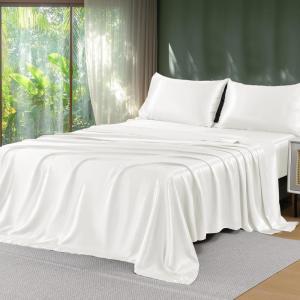 imageSasttie Satin Sheets King  4 Pieces Luxury Soft Gold Silky Bed Sheets Set with Pillowcases  Smooth SilkLike Satin Fabric Reinforced 14 Inches Pocket OekoTex CertifiedWhite