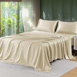 imageSasttie Satin Sheets King  4 Pieces Luxury Soft Gold Silky Bed Sheets Set with Pillowcases  Smooth SilkLike Satin Fabric Reinforced 14 Inches Pocket OekoTex CertifiedChampagne