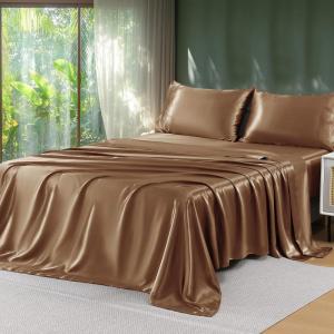 imageSasttie Satin Sheets King  4 Pieces Luxury Soft Gold Silky Bed Sheets Set with Pillowcases  Smooth SilkLike Satin Fabric Reinforced 14 Inches Pocket OekoTex CertifiedBrown