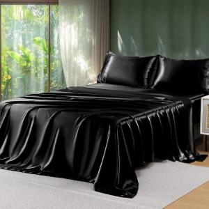 imageSasttie Satin Sheets King  4 Pieces Luxury Soft Gold Silky Bed Sheets Set with Pillowcases  Smooth SilkLike Satin Fabric Reinforced 14 Inches Pocket OekoTex CertifiedBlack