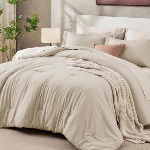 imageSasttie King Comforter Set 7Piece PreWashed Crinkled Texture Bed in a Bag King with Ultra Soft Brushed Sheets Aesthetic Fluffy Bedding Set for All Seasons BlueBeige