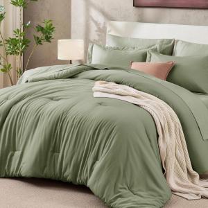 imageSasttie King Comforter Set 7Piece PreWashed Crinkled Texture Bed in a Bag King with Ultra Soft Brushed Sheets Aesthetic Fluffy Bedding Set for All Seasons BlueSage Green